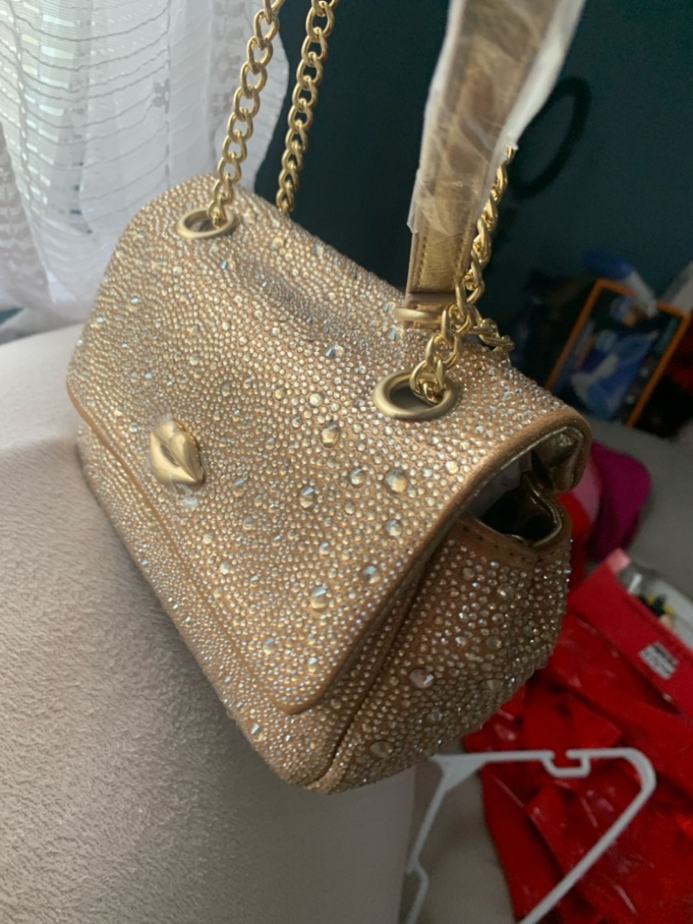 Betsey Johnson Gold Crystal Lip-Accent Mini Shoulder Bag